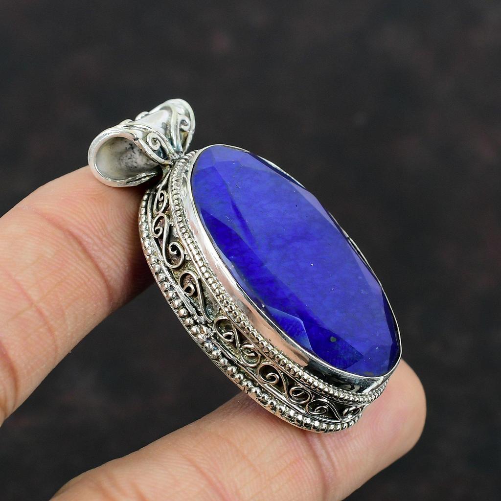 Ограненный Синий Сапфир Подвеска Подвеска из Натурального Драгоценного Камня Стерлингового Серебра 925 Подвеска Ювелирные Изделия Ручной Работы Винтаж Подвеска Для Подарков Серебряные Ювелирные Изделия