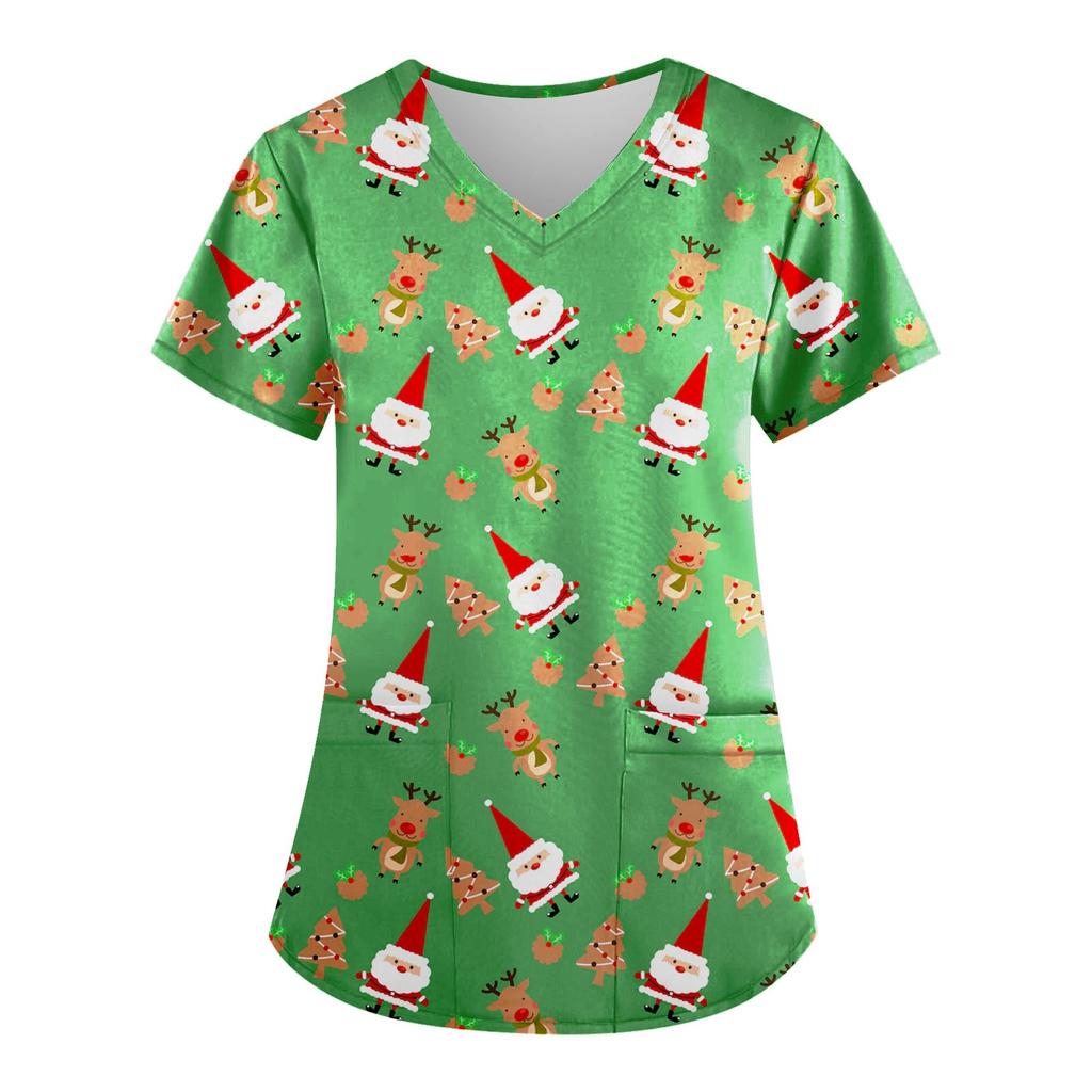 Women's Fashion V-neck Short Sleeve Workwear With Pockets Christmas Printed Tops