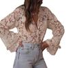 Women's Lace Blouse Long Sleeve Floral Openwork Sheer Elegant Casual Top