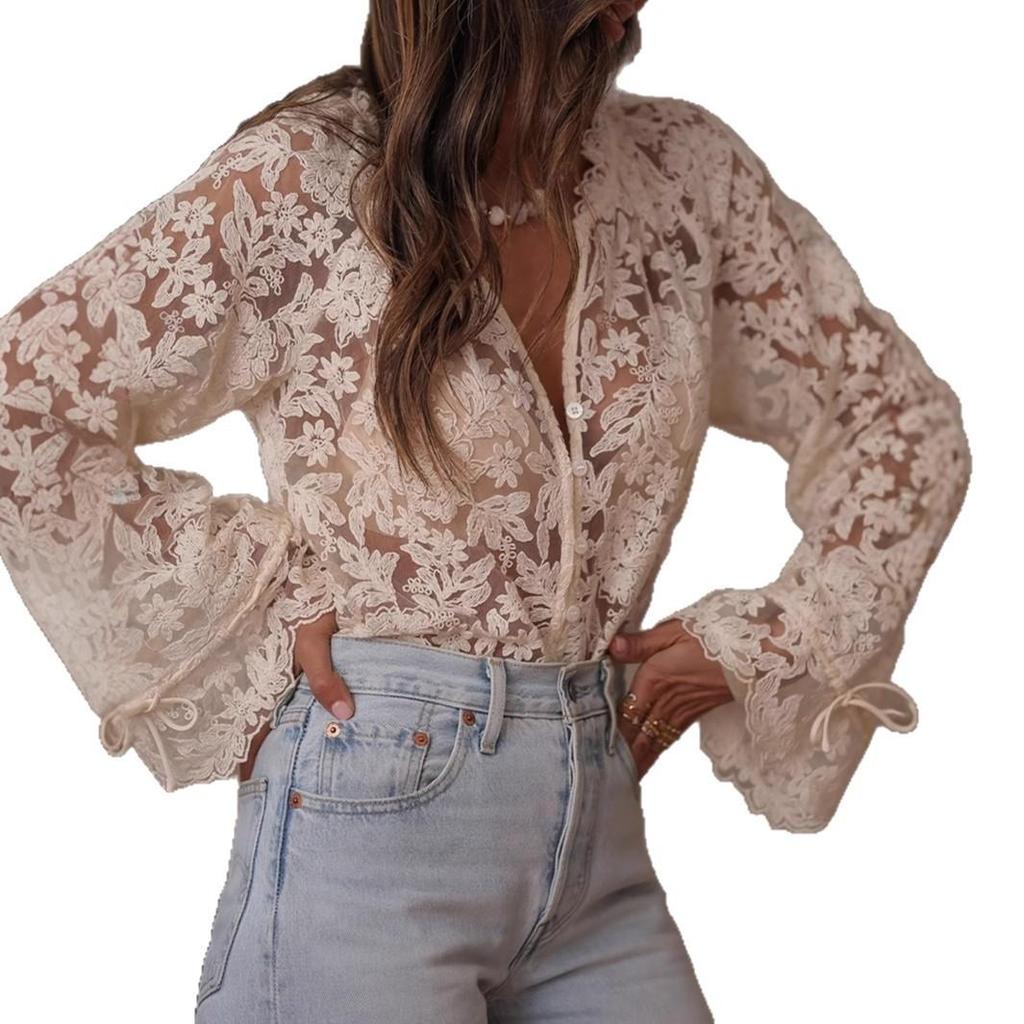 Women's Lace Blouse Long Sleeve Floral Openwork Sheer Elegant Casual Top