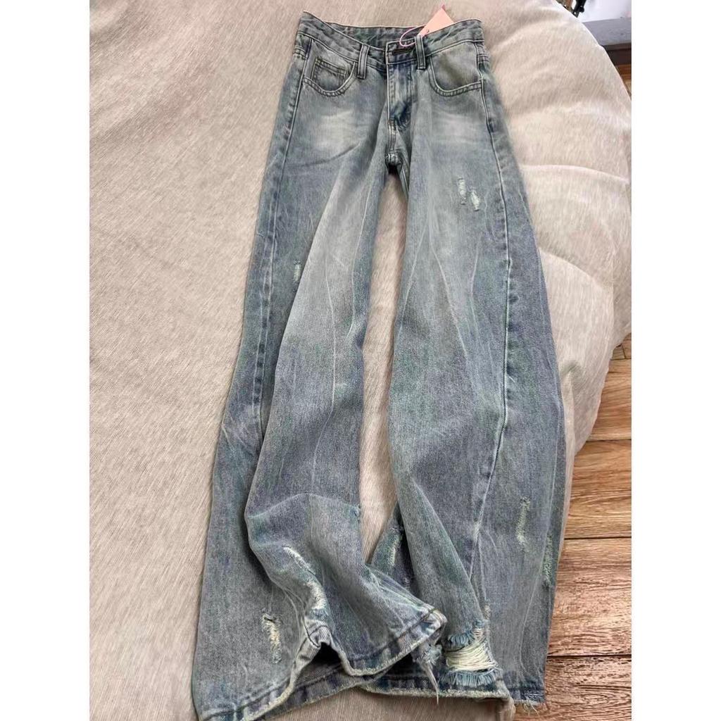 Vintage Loose All Match Wide Leg Pants Female Fashion Hole Casual Denim Trousers Women Streetwear Women Jeans 2025