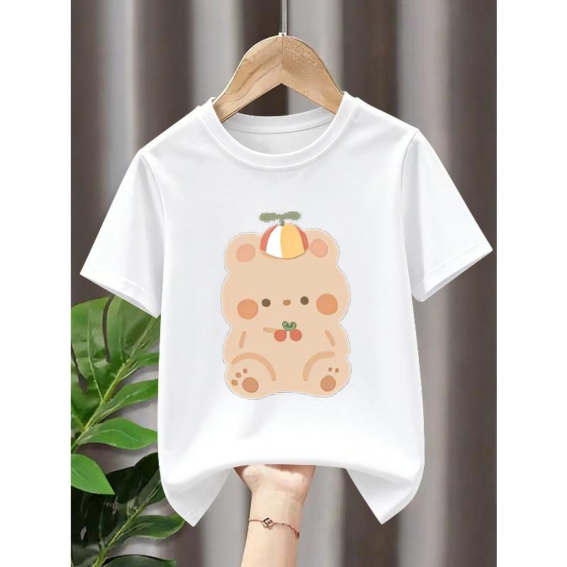 Kids Crewneck Short Sleeve T-Shirt, Soft Light Brown Bear with Striped Hat Cherry Mouth Gentle Soothing Graphic