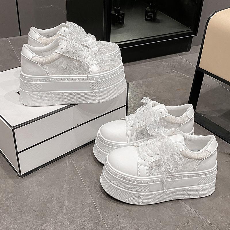 Fashion Sexy Lace Mesh Flat Lace-up Womens Shoes White Summer Round Toe Platform Thick Botton Genuine Leather Sneaker Zapatillas Mujer