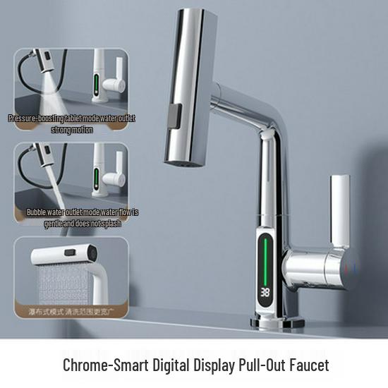 Rotating Brass Countertop Basin Faucet with Digital Display & Aerated Waterfall