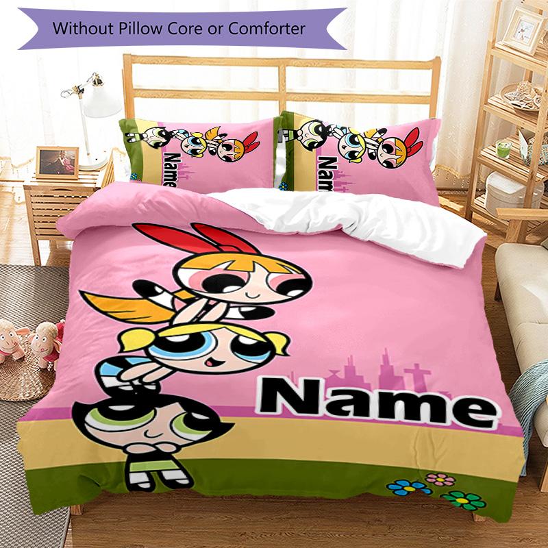 3pcs The Powerpuff Girls9 Cover Set - Personalized Name, HD Printed Bedding with 1 Cover and 2 Pillowcases - Perfect for Home Decor, Easy Care