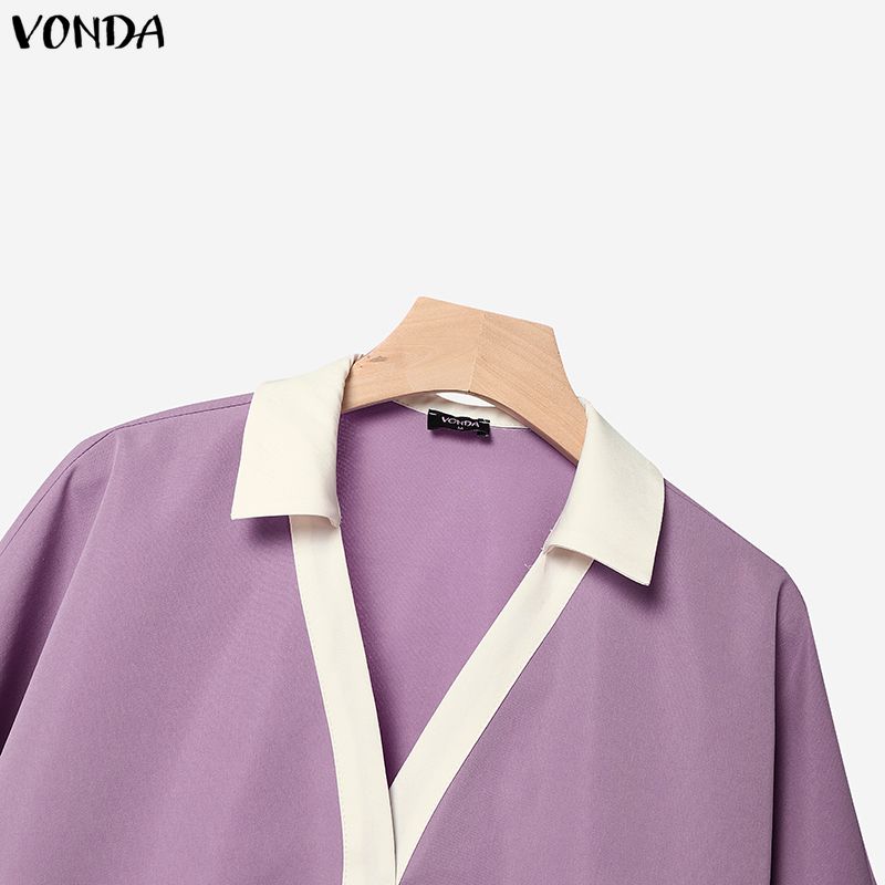 VONDA Женский элегантный комплект из двух предметов оверсайз: блузка с V-образным вырезом и коротким рукавом и брюки с широкими штанинами. Повседневный домашний костюм.