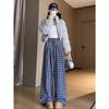 Women's Early Spring Blue Plaid Wide-Leg Floor-Length Pants