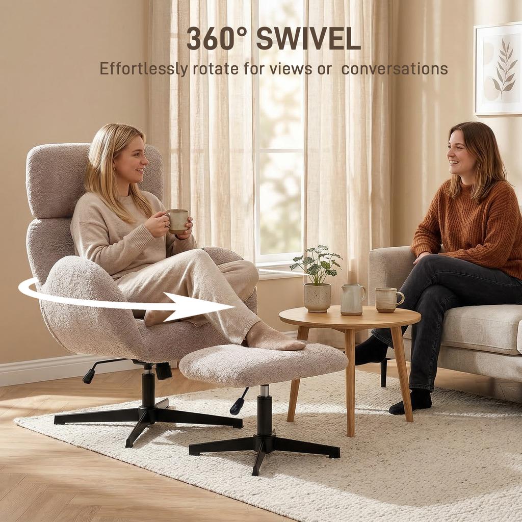 Swivel Armchair And Footstool Set Height Adjustable Accent Chair With Adjustable Headrest Rocking Function Light Brown