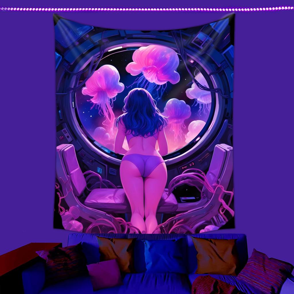 УФ-реактивный триповый рисунок Девушка Галактика Настенный гобелен 2D Плоская печать Черный свет Персиковая кожа Настенное панно Флуоресцентный Декор для спальни Комнаты в общежитии