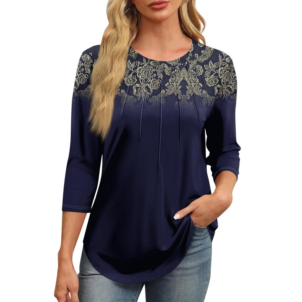 Женская модная футболка с круглым вырезом и рукавом 3/4 с принтом, повседневная, базовая, плиссированная, пуловер