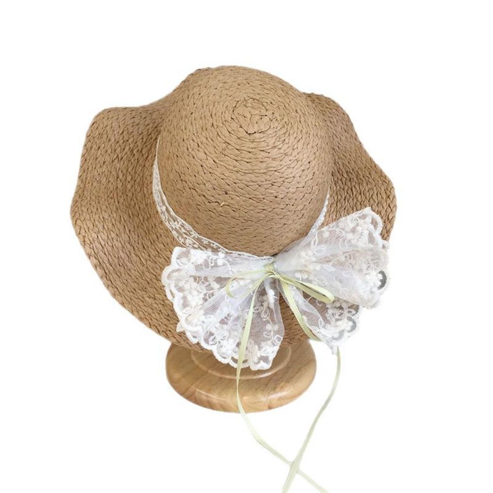 Soft Sweet Bowknot Straw Sun Hat Ribbon Lace Brim Girls Bucket Hat Korean Style Breathable Woven Handbag Girls