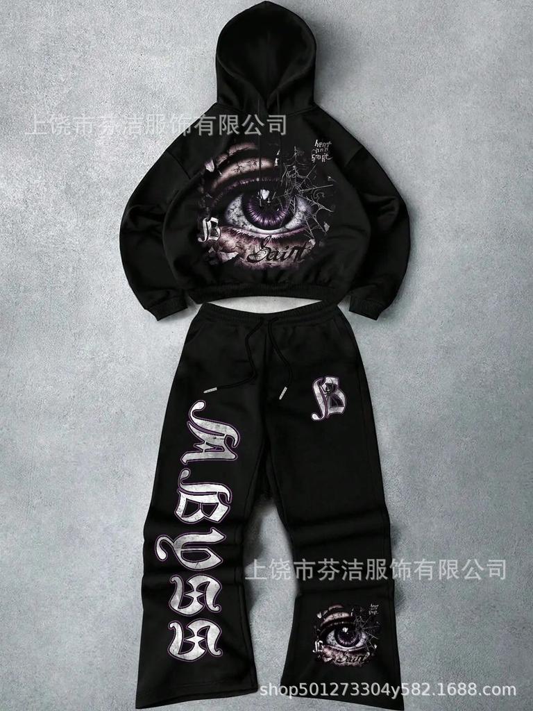 European and American high street gothic print red hooded suit men's hip hop loose sports and leisure two-piece set