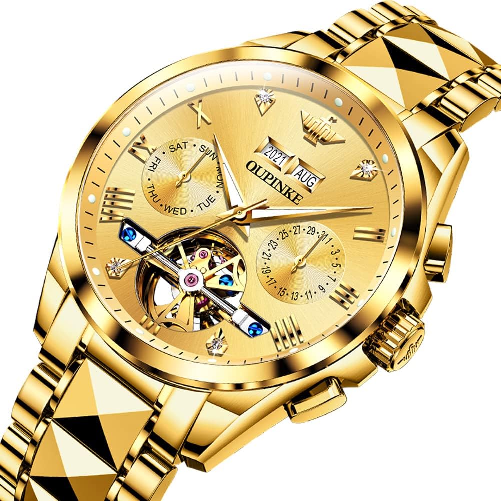 OUPINKE Automatic Business Watch with Mechanical Automatic Manual Hollow Men's Movement, Waterproof, Calendar, & Winding, Dial, Gold…