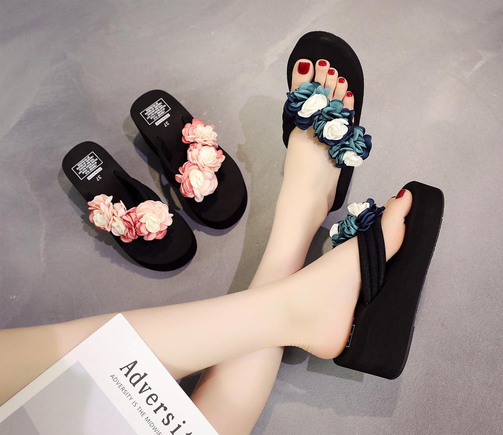 Женские богемные шлепанцы на высоком каблуке 7 см, сандалии «бисквит» с нескользящим зажимом на носке, домашние тапочки, износостойкая пляжная обувь