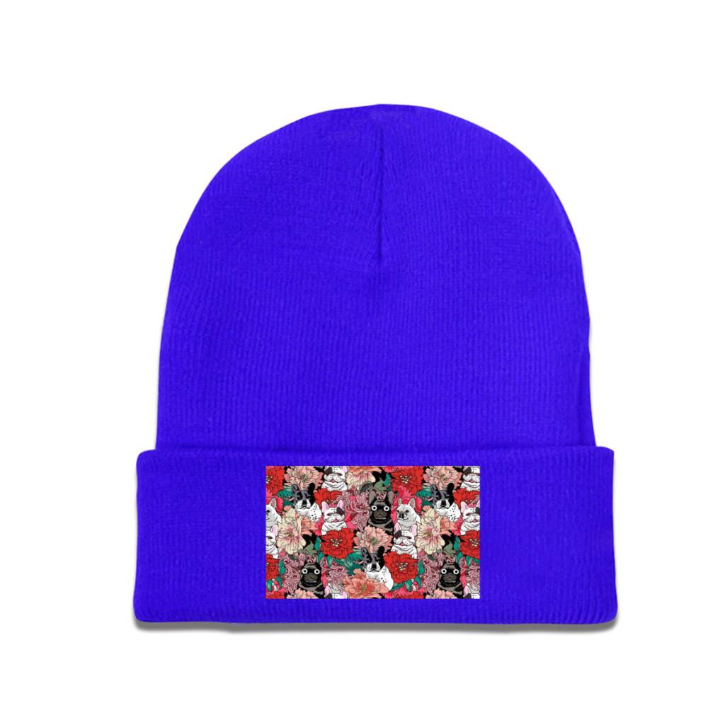 Flowers French Bulldog Knit Hat Beanie Winter Hats Warm Acrylic Street Caps Unisex Women