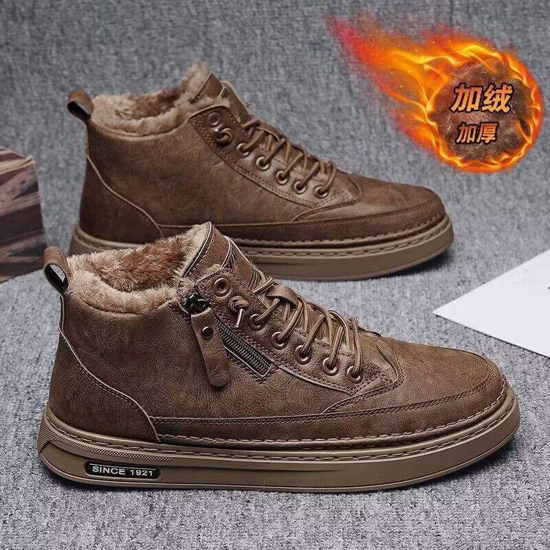 Кожаные мужские ботинки зимние на платформе теплые меховые короткие на шнуровке модные новинки лаконичные повседневные рабочие туфли