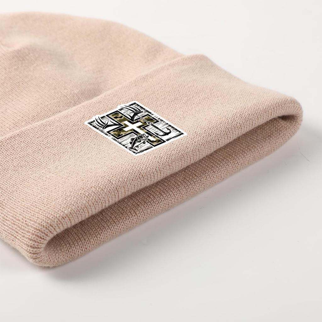 Crucifix Staghorn Fish Anchor Print Knitted Hat Beanie, Man Cap Warm Cozy Stylish Bonnet Knitted Cap Beanie