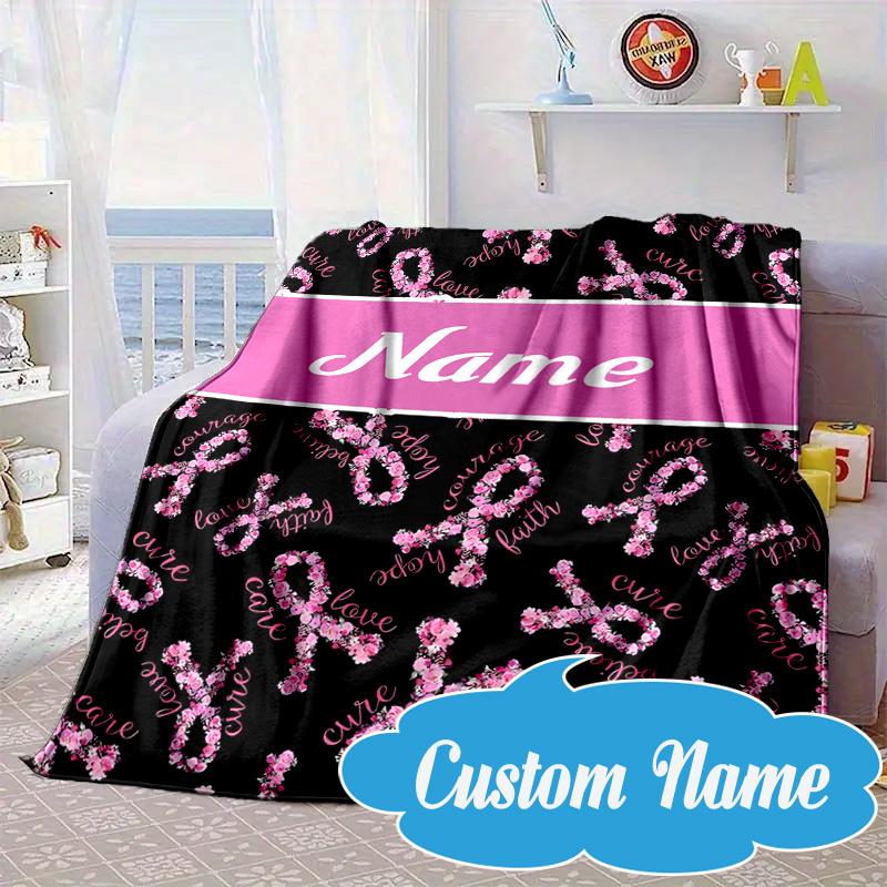 Custom Name Pink Ribbon Courage Blanket bed sofa Blanket Flannel Blanket for Camping, Hiking, Picnic Essentials,gift for Fan family