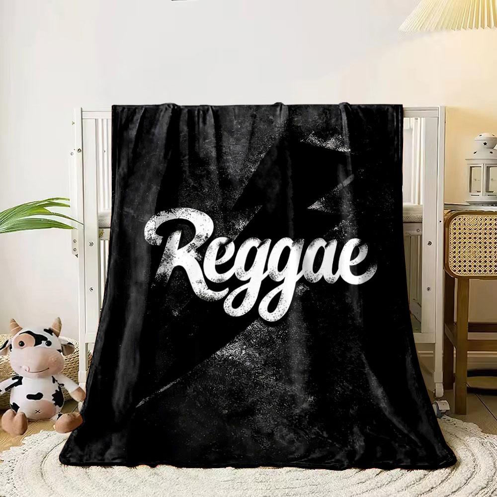 Bold "Reggae" text over a black lightning bolt with textured background. for all seasons blanket lunch break throw gift