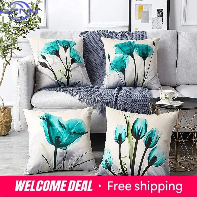 Cyan Watercolor Flower Linen Cushion Cover Upholstery Pillowcase Home Decor For Sofa Car Bedroom x x x x