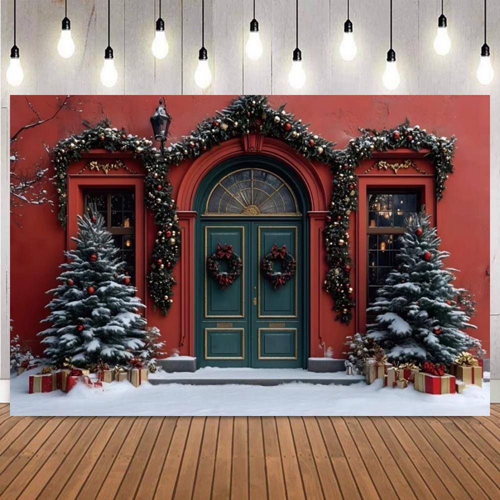Merry Christmas Red Green Door Window Indoor Photography Background Wreath Gifts XmasTree Family Party Decor Photo Backdrop prop3
