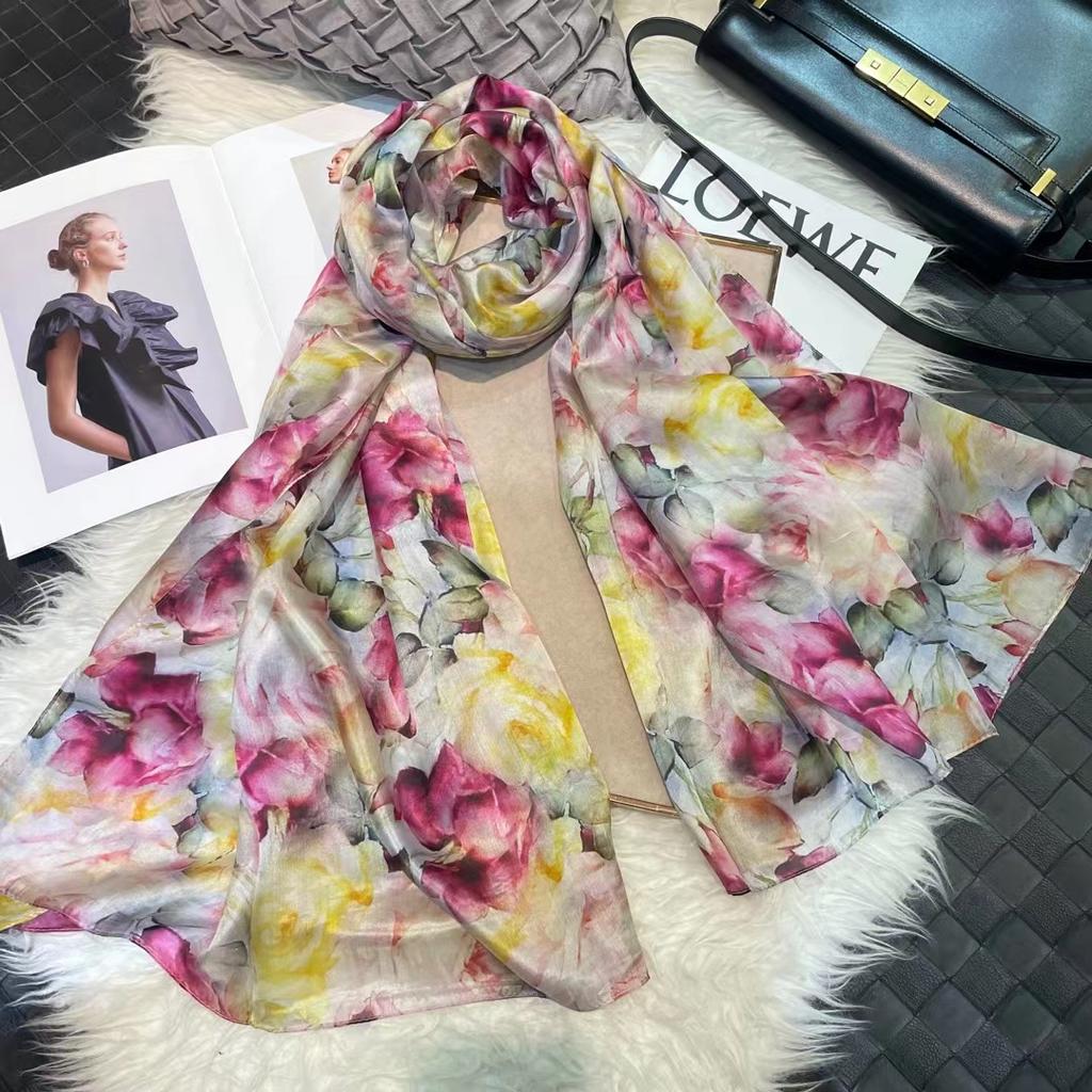 Белый 100% Шелковый Шарф Женские Шарфы Bufandas Летние Пляжные Шали Foulard Осень Зима Цветочный Дизайн Длинные Шарфы на Шею Хиджабы