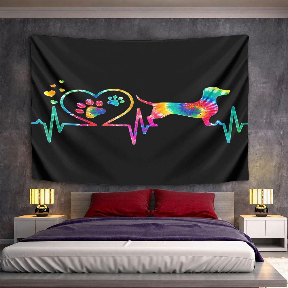Colorful Dachshund Heartbeat Design Pattern Wall Hanging Tapestry Decorative Tapestry Home Decor for Bedroom and Living Room