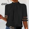Women Solid Color Top Pullover Tops High Collar Mesh Stitching Pleated Loose Fit Half Sleeve Casual Office Lady Blouse Simple Appearance