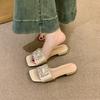 French thick heel silver temperament square buckle rhinestone one-word cool slippers women's shoes wear 2025 summer vacation sandals