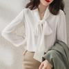 2025 Summer Korean-Style Long Sleeve Ribbon Bow Shirt for Women