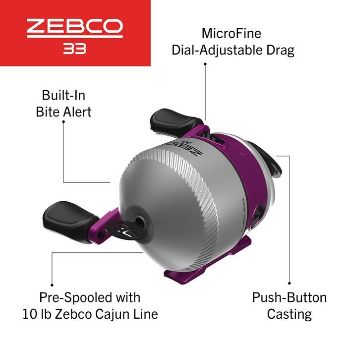 Катушка Zebco Spin Cast 33 Размер 30, Для правой/левой руки, Сигнализатор поклевки, Полностью металлические шестерни, Серебристый/Розовый (Упаковка с моллюсками)
