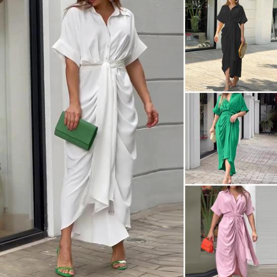 Женское летнее платье с отложным воротником на шнуровке, высокой талией и короткими рукавами, однобортное плиссированное платье макси длиной до щиколотки