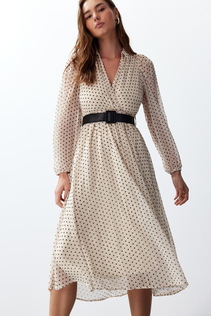 Женское модное дневное и ночное макси-платье с объемными рукавами и черным поясом в горошек на шифоновой подкладке макси-тканое платье