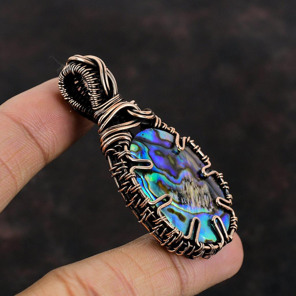 Подвеска из ракушки абалон, подвеска из медной проволоки, настоящие драгоценные камни, подвеска ручной работы из медной проволоки, антикварная подвеска, подарок для нее