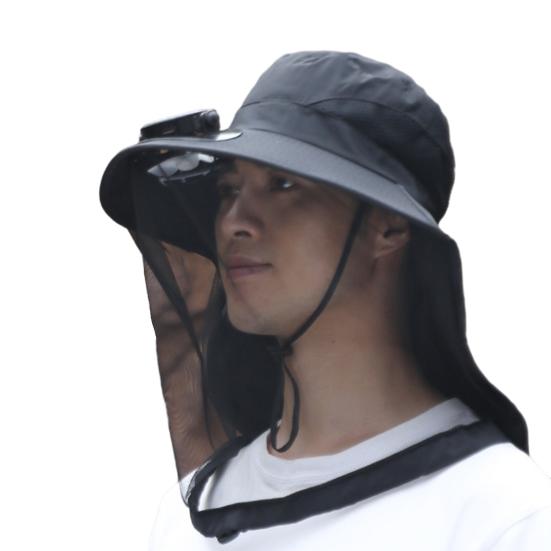 Mosquito Head Net Hat with Fan for Men Women Wide Brim Sun Hat with Mesh Net Summer Cooling Bucket Hat for Outdoor Fishing Hiking