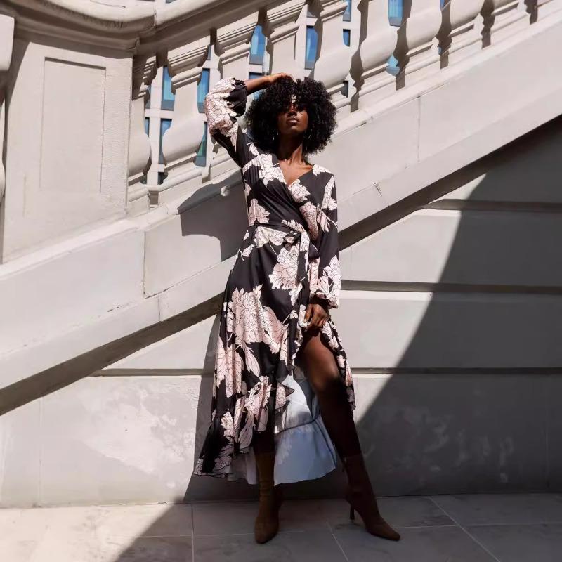 Осеннее женское платье с V-образным вырезом, длинным рукавом, нестандартным принтом