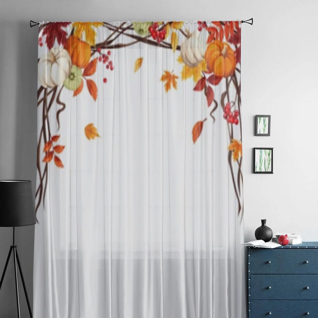 Прозрачные шторы с тыквой и осенними листьями для гостиной, спальни, кухни, тюлевые занавески для дома, декоративные прозрачные панели