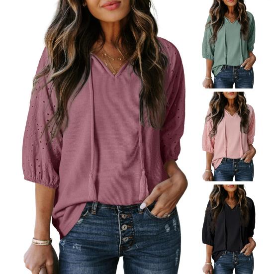 Женская футболка с V-образным вырезом, жаккардовым декором, рукавами 3/4, пуловер, однотонный, свободного кроя, для вечеринки и повседневной носки