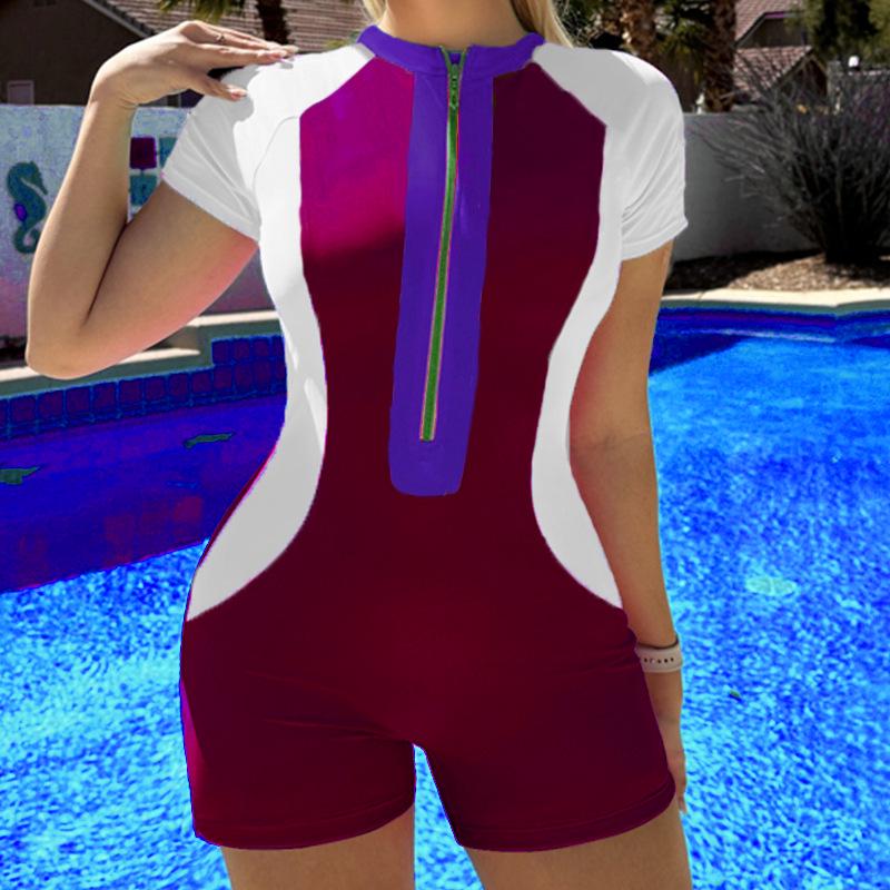 2024 Women's Color Block Sport One-Piece Swimsuit with Tummy Control and Short Sleeves