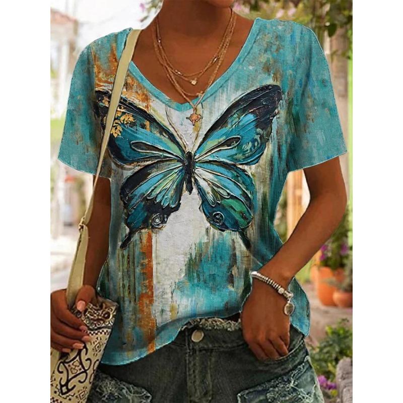 Summer Butterfly Dragonfly 3dV Neck Printed New Women's Top T-shirt