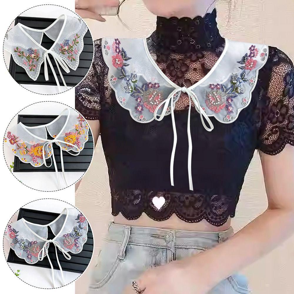 Cute Colorful Embroidery Fake Collar Hollow Detachable Scarf Shawl Organza False Collar For Girls Shirt Skirts Sweater All Match