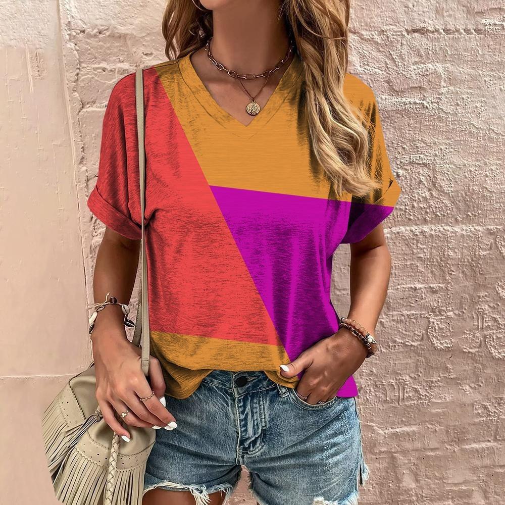 New In T Shirt For Women Summer Casual Short Sleeve V-Neck Tee Fashion Streetwear Female Oversized Clothing Women's T-Shirts