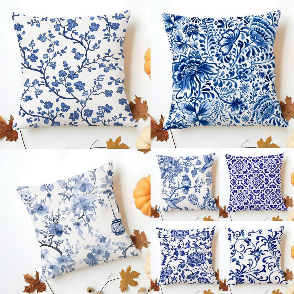 Blue and White Porcelain Cushion Cover Washable Linen Pillowcase Soft  for Sofa Bed Cozy Home Room Decor