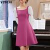 Women Square Neck Mesh Lantern Long Sleeve Bow Knot A-line Dresses