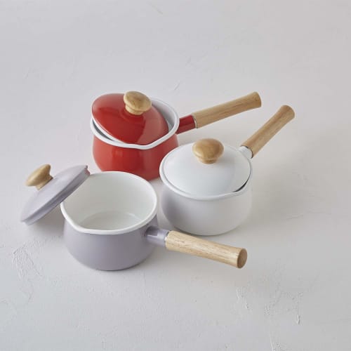 Fuji Enamel Milk Pan with Lid, 15cm, 1.2L, Gas and Induction Compatible, Purple Ash, Long Handle, Enamel Pot