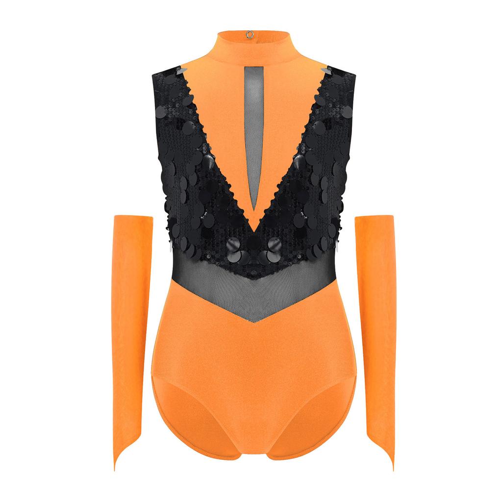 Детский гимнастический купальник с воротником-стойкой, без рукавов, с вырезом на спине, с блестящими пайетками, цветной блок