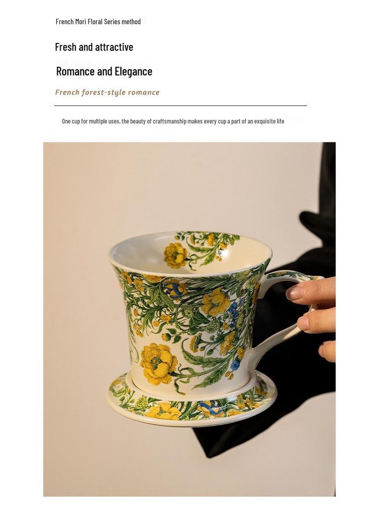 Керамическая кружка с изогнутой ручкой, ложкой и блюдцем, цветочный дизайн, идеально подходит для завтрака, овсянки, молока, кофе.