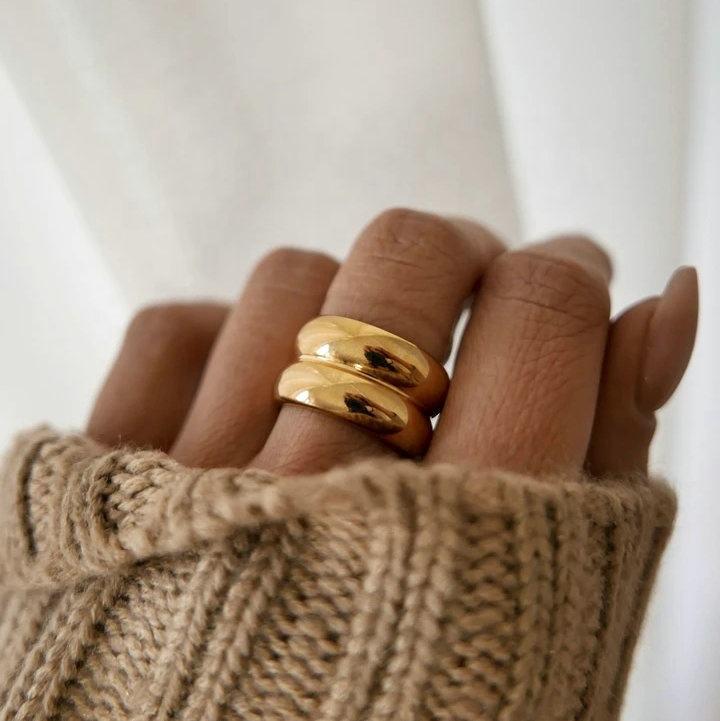 Европейское и американское кольцо из нержавеющей стали с широким ободком 18K, двухслойное, текстурированное, для женщин
