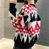 Vintage Spring Autumn Women's Color Block Checked Cardigan Sweater Loose  Short Knit  Jacket Coat