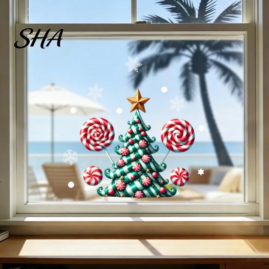Holiday Party Supplies for Home Candy Christmas Tree Window Static Sticker, Waterproof PVC Removable Customizable Seasonal Wall Art Glass Clings,